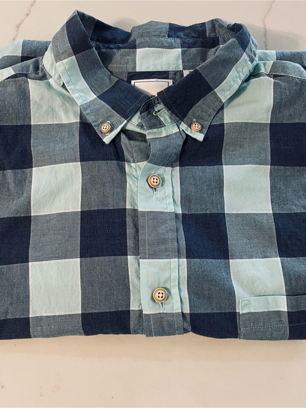Men's Casual ROWM Button-Down Shirt in Navy and Light Blue Plaid short sleeve